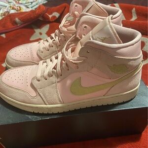 Nike men’s  Jordan 1 Pink High-Top Sneakers with Pale Green Swoosh